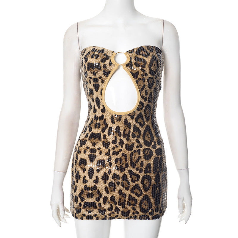 Women’s Spring Summer Leopard Sequin Strapless Hollow Bodycon Dress 6