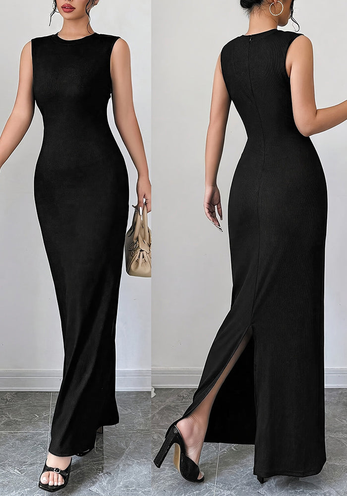 Women Summer Round Neck Solid Ribbed Dress