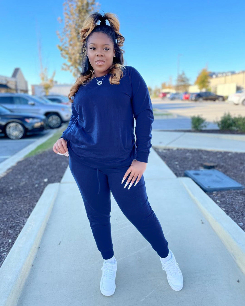 Women's Autumn winter solid color cotton drawstring pocket sports longs leeve two-piece pants set 5