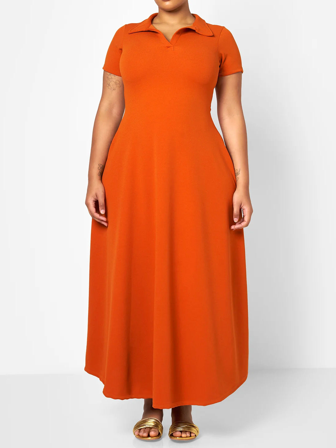 Women's Solid Color Turndown Collar Short Sleeve Loose Plus Size Dress 7