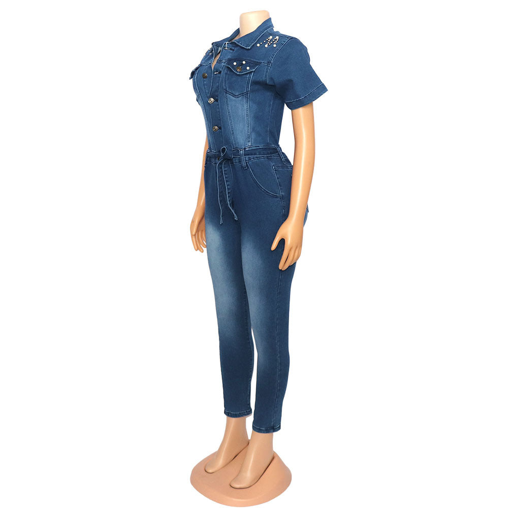African Women Stretchy Beaded Denim Jumpsuit 3