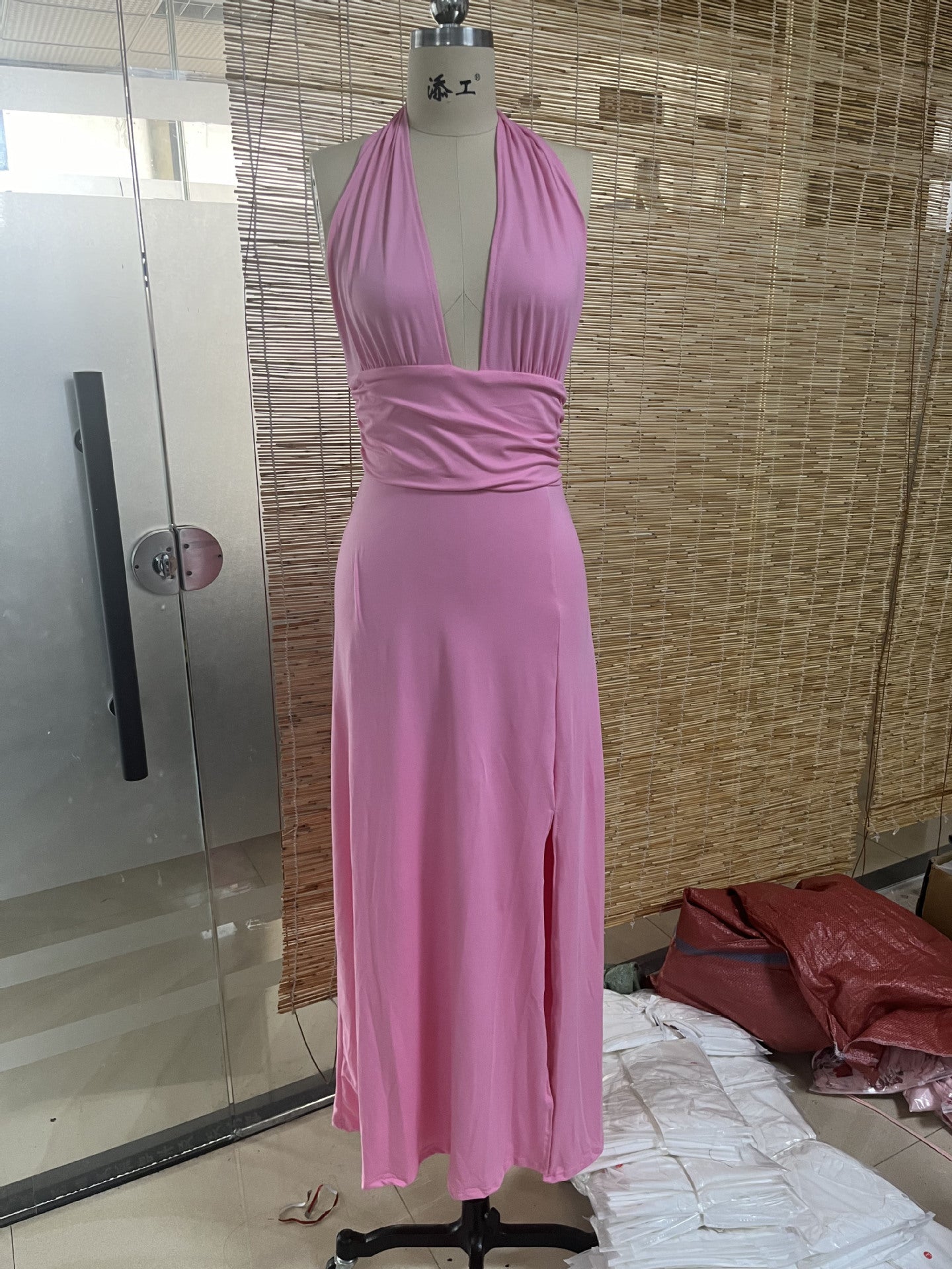 Women's Halter V-Neck Lace-Up Slit Maxi Dress 17