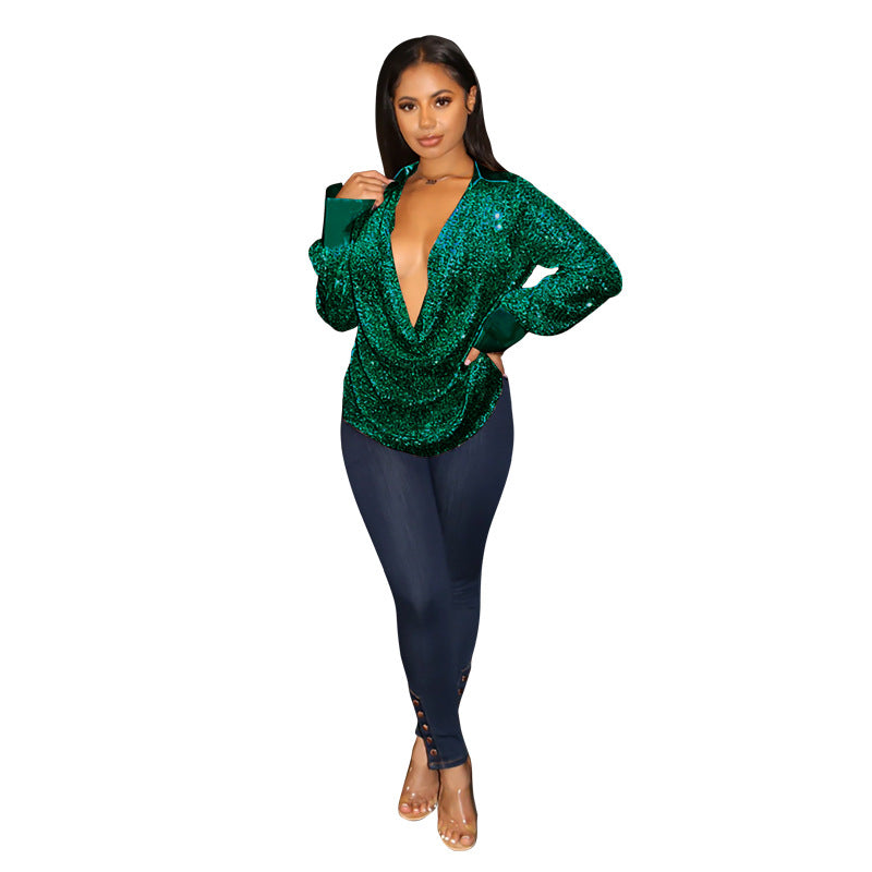 Women's Deep V Pleated Loose Ladies Chic Sequin Long Sleeve Shirt 16
