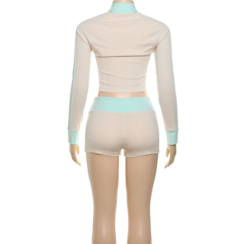 Women Fall Stand Collar Contrast Letter Embroidered Zipper Top and Shorts Two-Piece Set 11