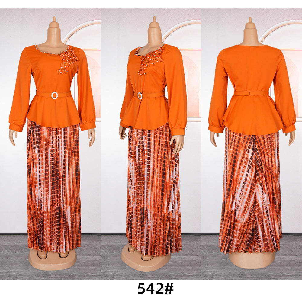 African Women's Plus Size Embroidered Beaded Chic Career Two Piece Pleated Skirt Set 8