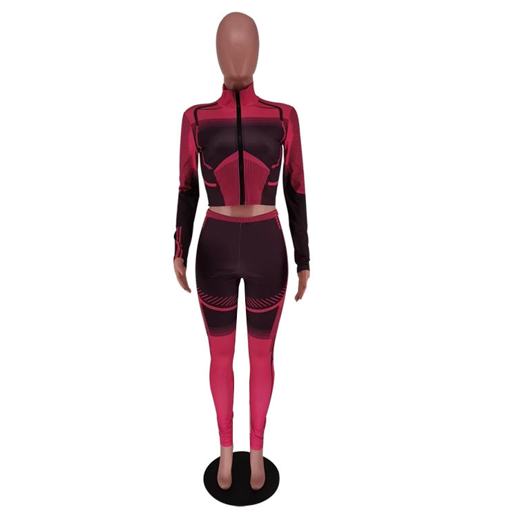Women's Autumn And Winter Irregular Printed Long Sleeve Tight Fitting Sports Two Piece Pants Set 13