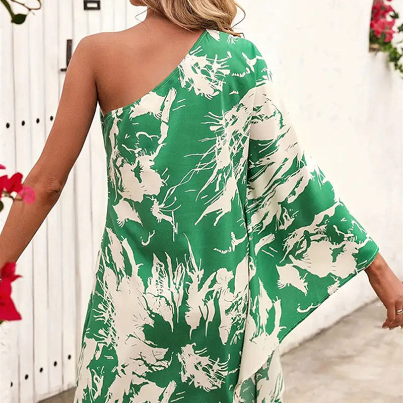 Women Slash Shoulder Bell Bottom Sleeve Print Dress 9