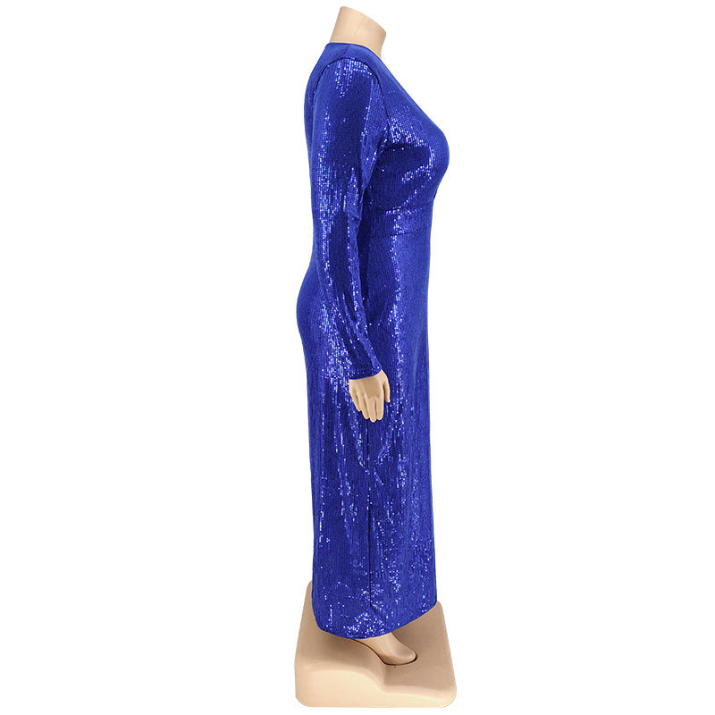 Plus Size Autumn Women's Velvet Bottom Embroidered Sequin Dress 15