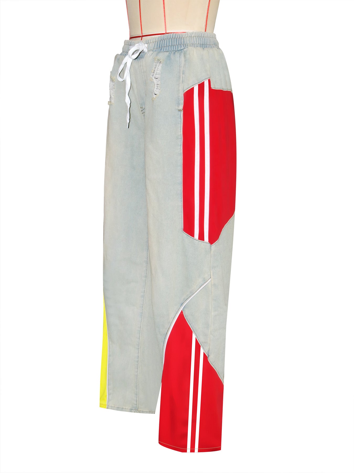 Women's Casual Drawstring High-Waist Contrast Patchwork Gradient Denim Pants 8