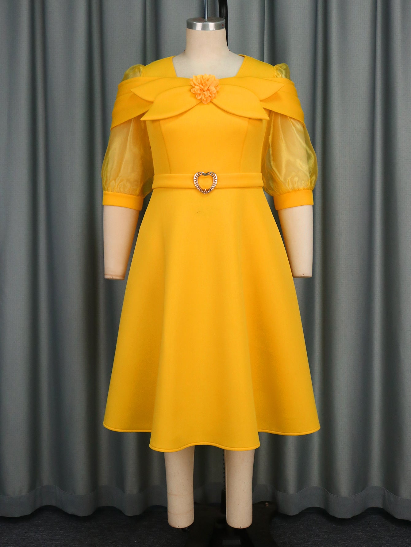 Bow Knot See-Through Lantern Sleeve Party Dress Plus Size A-Line Yellow Dress