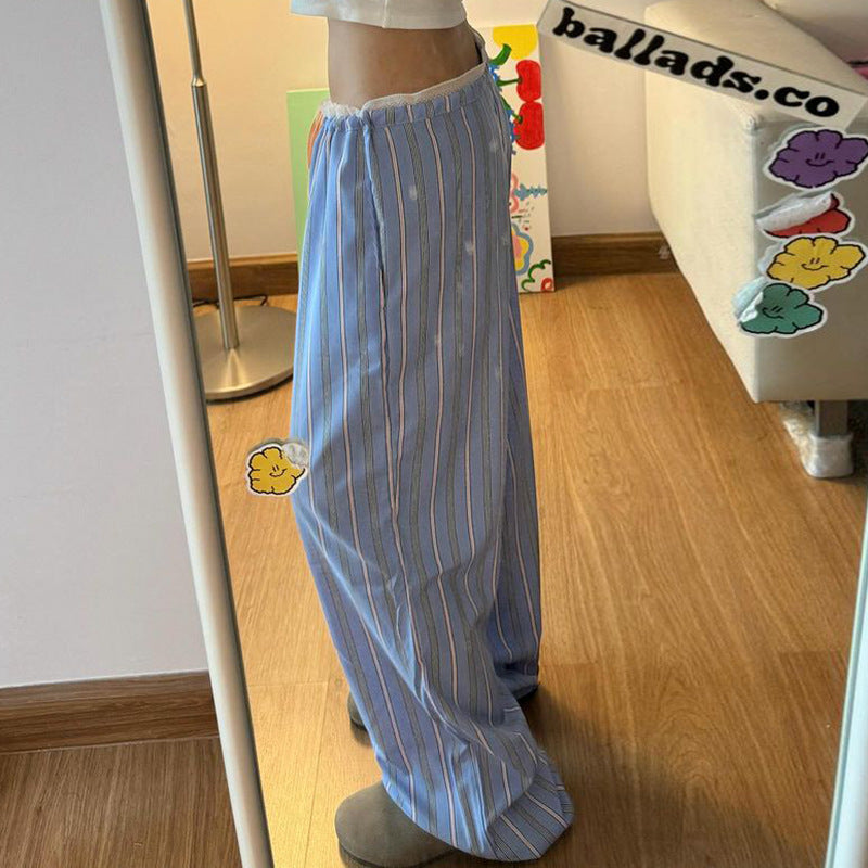 Women Summer Multi-Color Striped Lace Up Loose Wide Leg Pants 5