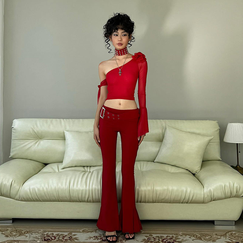 Winter And Spring Women's Sexy Fashion Trend Tight Fitting Slim Fit Mid-Waist Bell Bottom Pants 3