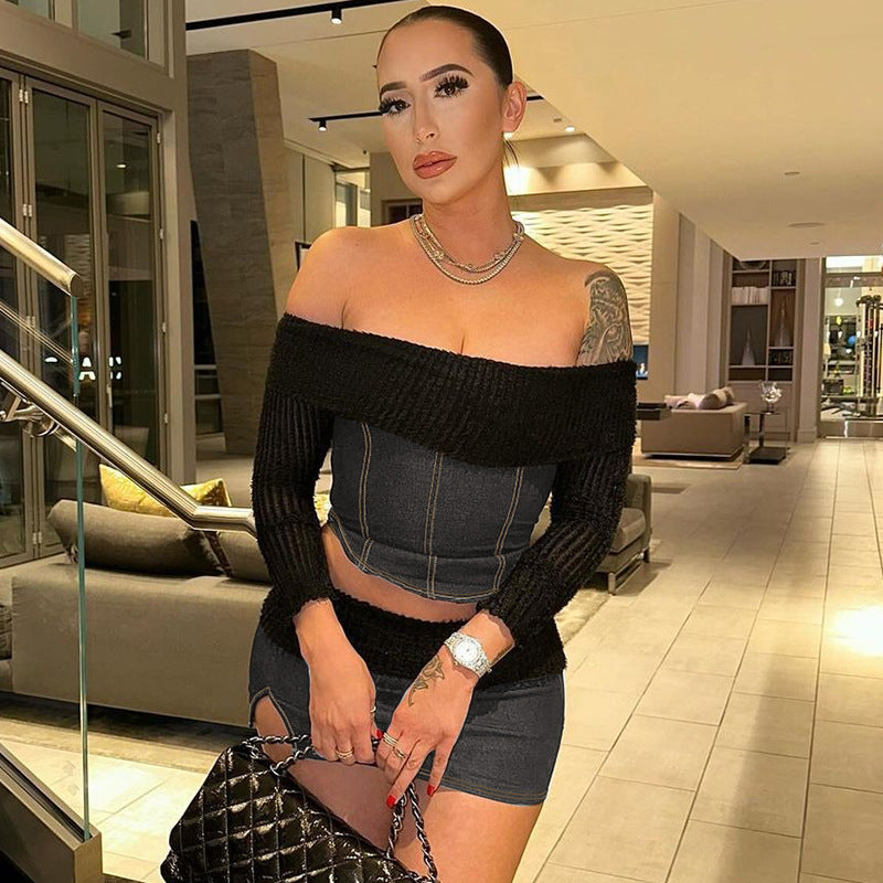 Women Fall and Winter Sexy Off Shoulder Crop Top and Slit Skirt Two Piece Set