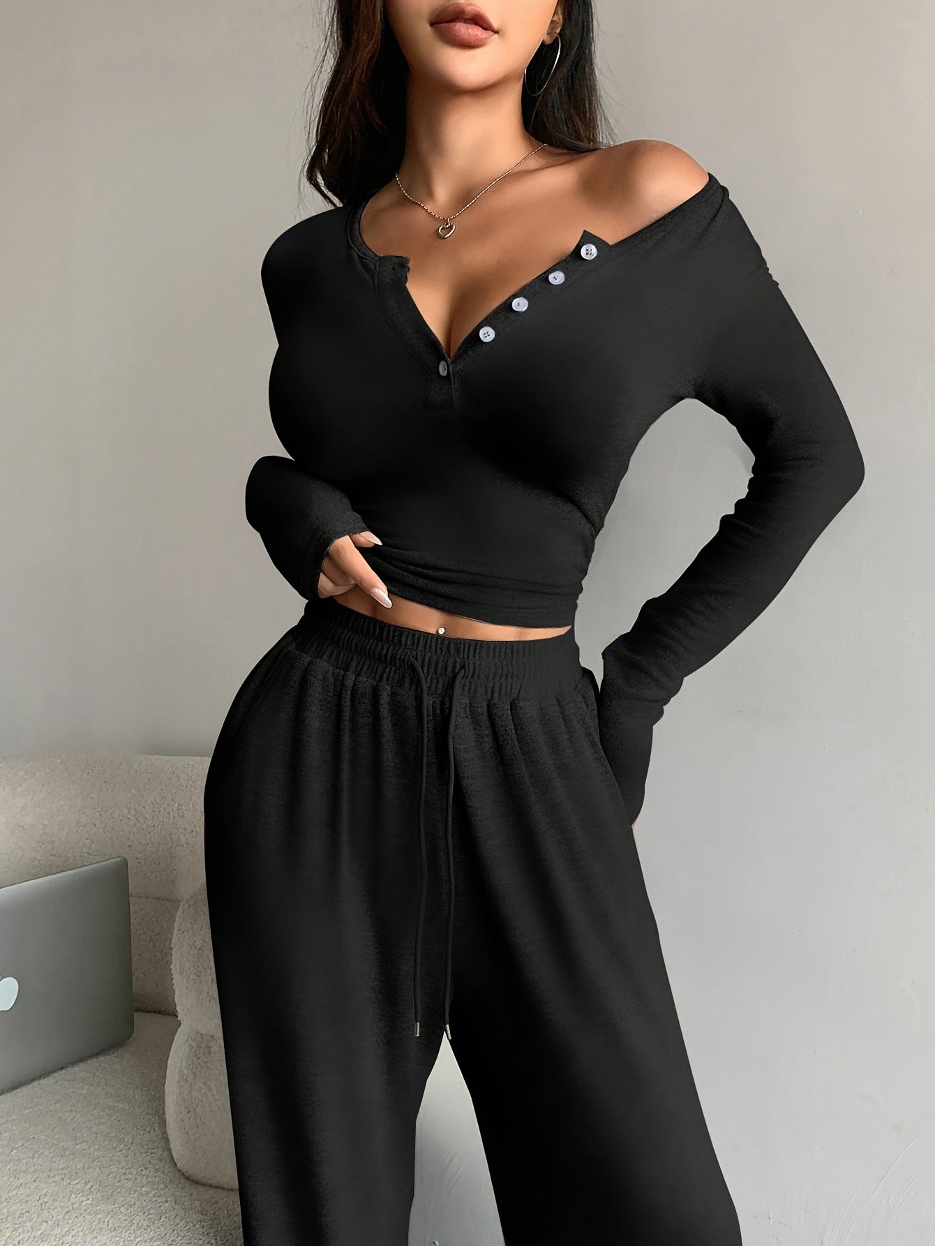 Women Fall Long-Sleeved Buttoned Solid Top and Pants Two-Piece Set 6