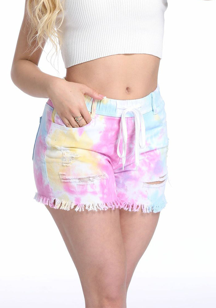 Women tassel ripped tie-dye stretch denim shorts