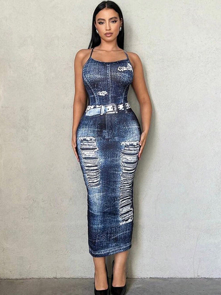 Women Sexy Backless Bodycon Denim Dress