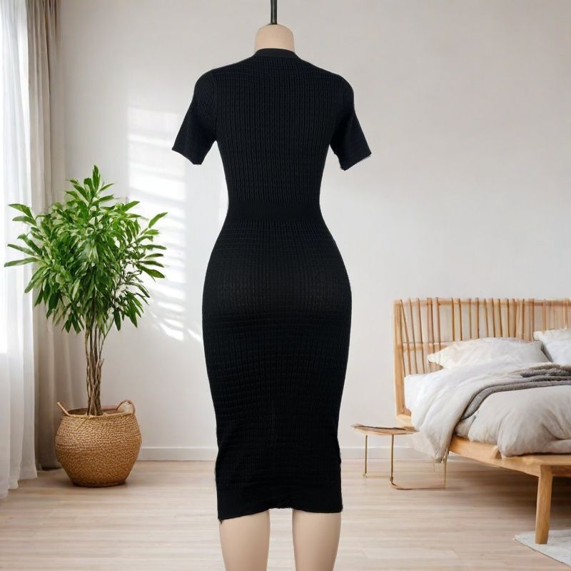 Summer Women's V-Neck Short Sleeve Slim Waist Chic Knitting Dress 9
