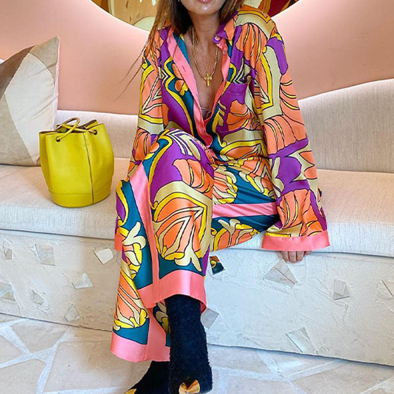 Women's Summer Loose Printed Long Sleeve Shirt Ethnic Pants Casual Fashion Set 4
