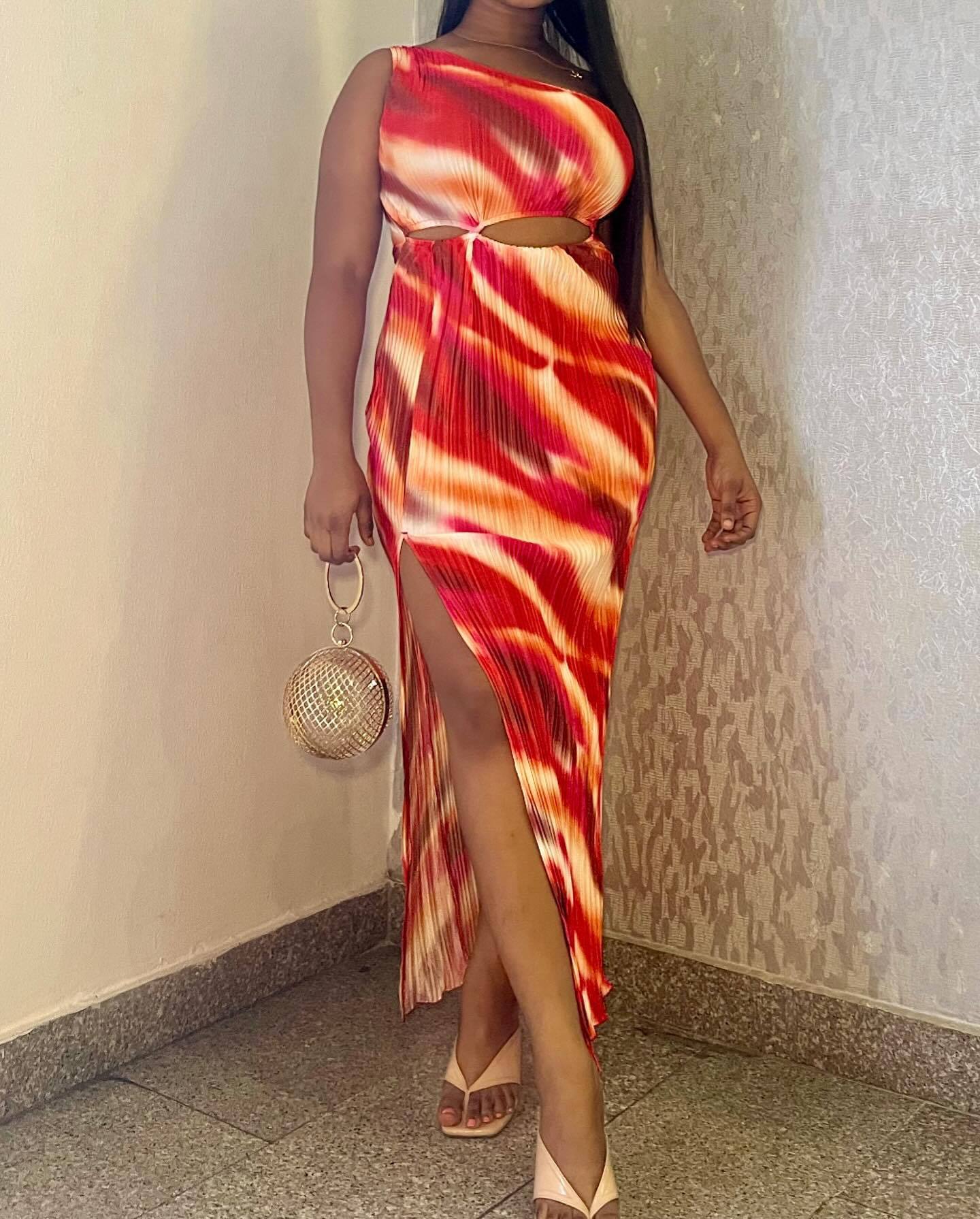 Summer Women Slash Shoulder hollow print slit bodycon dress 3