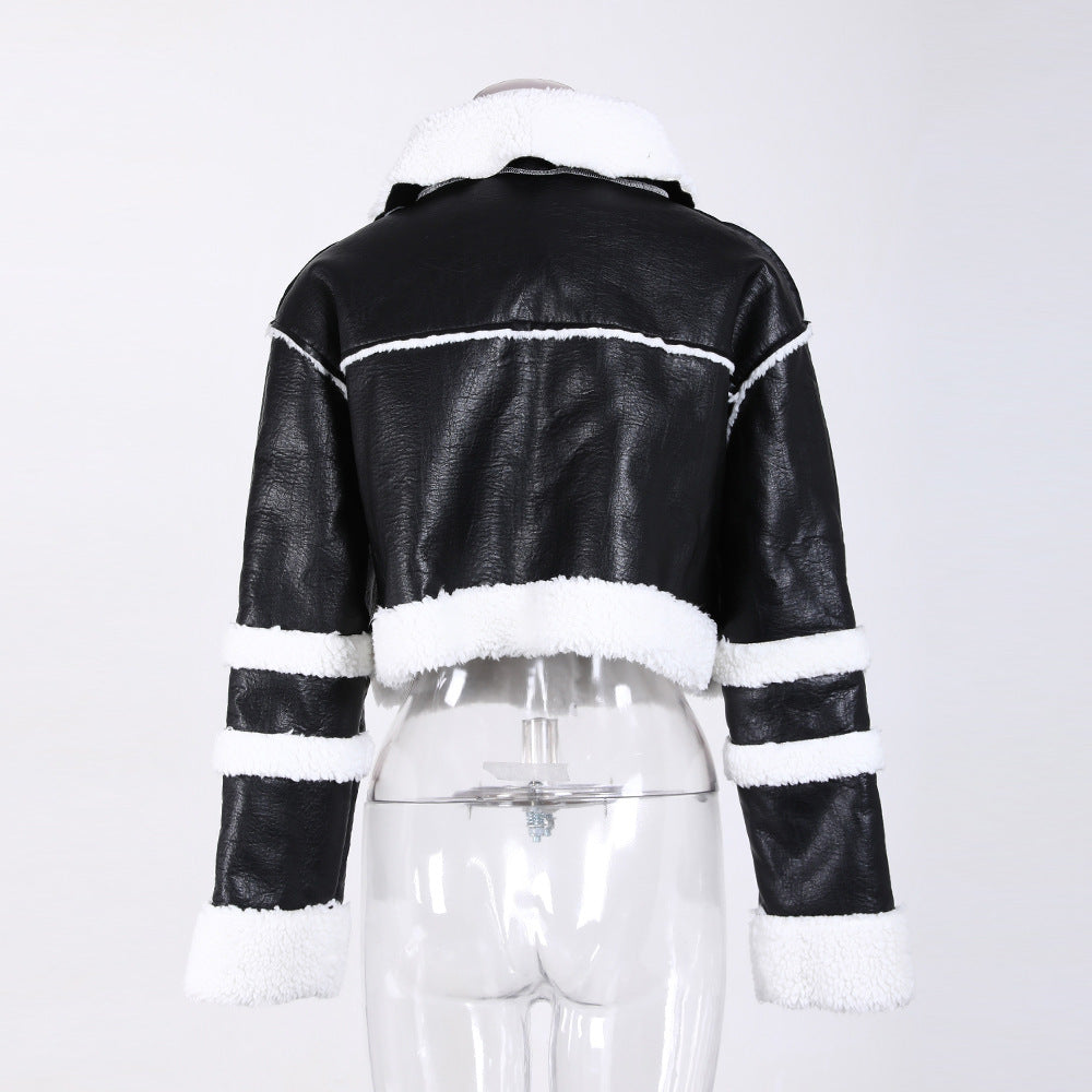 Women's Winter Contrast Color Patchwork Lambswool Fur Jacket 7