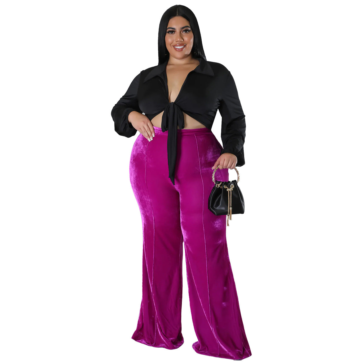 Plus Size Women Winter High Waist Velvet Bootcut Pants 15