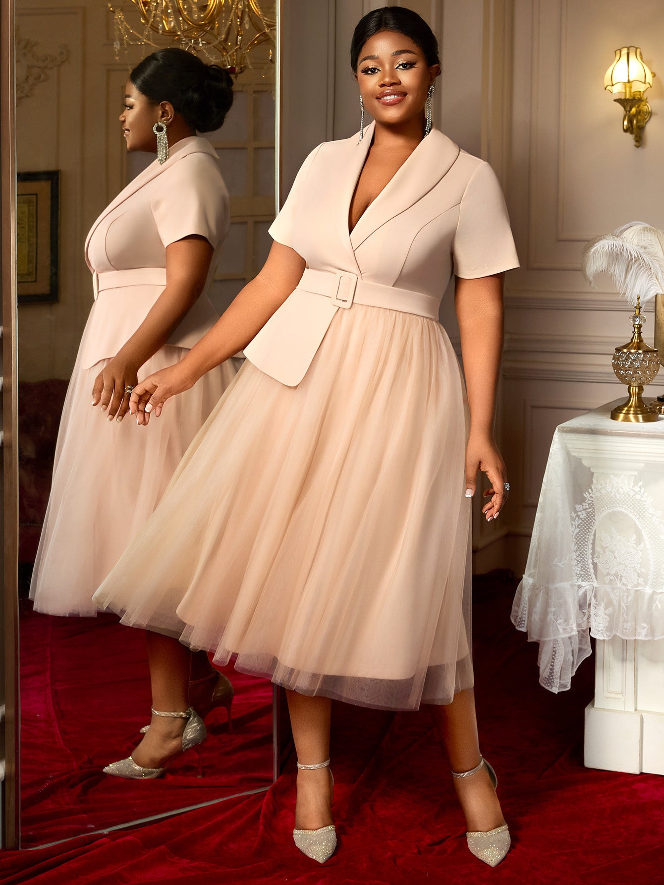 Plus-Size Women Belted Mesh Blazer Dress 7