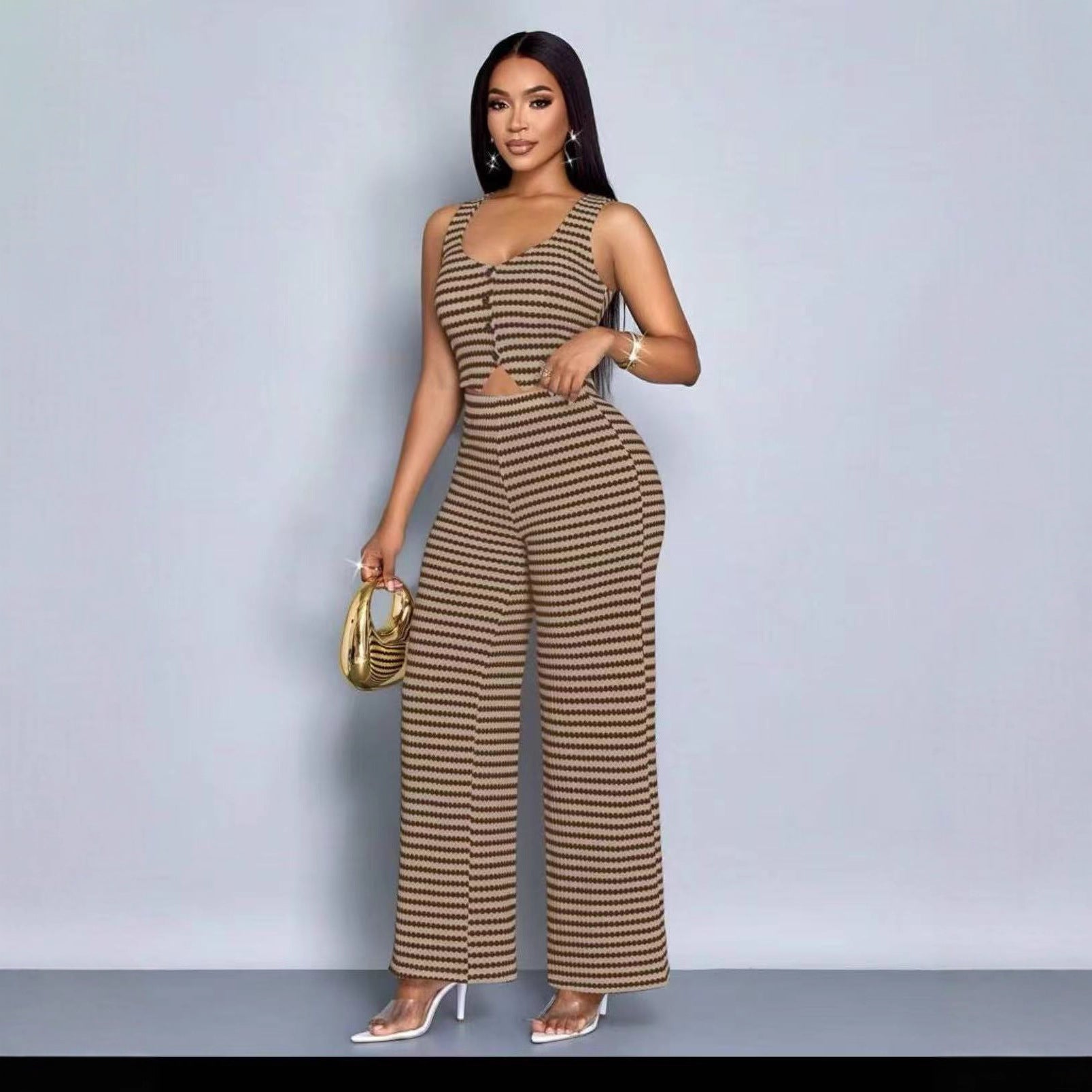 Women knitting casual summer striped top and long pants two-piece set 5