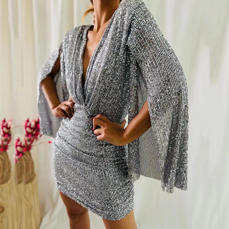 Spring Sexy V-Neck Sequined Cape Sleeve Short Bodycon Dress 3