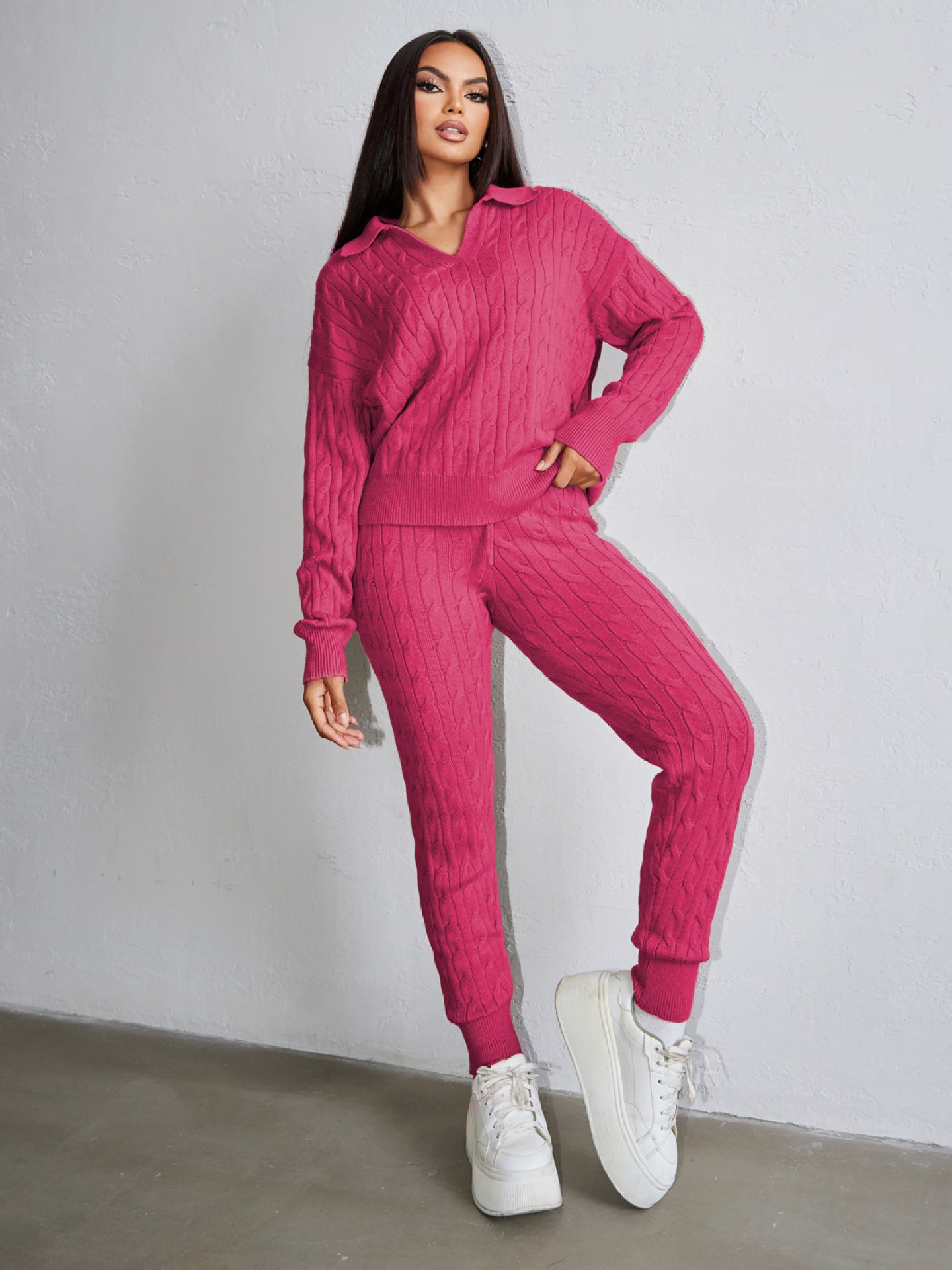 Autumn Winter Women Fashion Solid Color Sweater Trousers Knitting Two-Piece Set 10