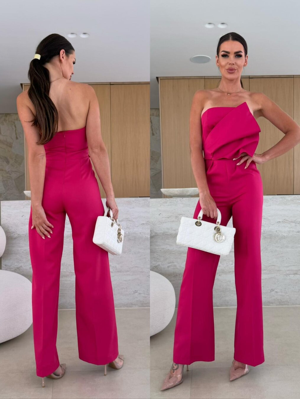 Solid Color Tight Fitting Strapless Low Back High Waist Wide Leg Jumpsuit 4