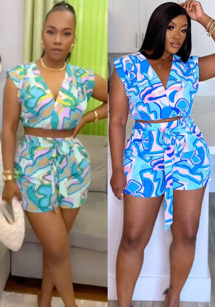 Women Printed V-Neck Sleeveless Top and Pleated Wide-Leg Shorts Two-Piece Set