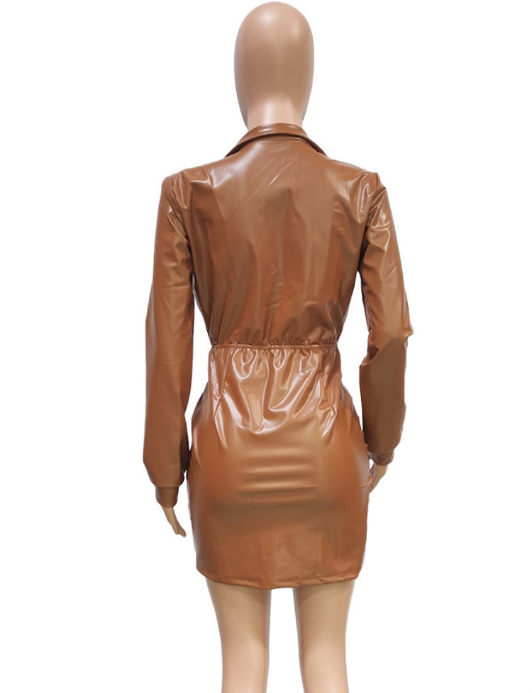 Spring Sexy Kahaki Deep V Neck Long Sleeve Pu Leather Mini Dress 7