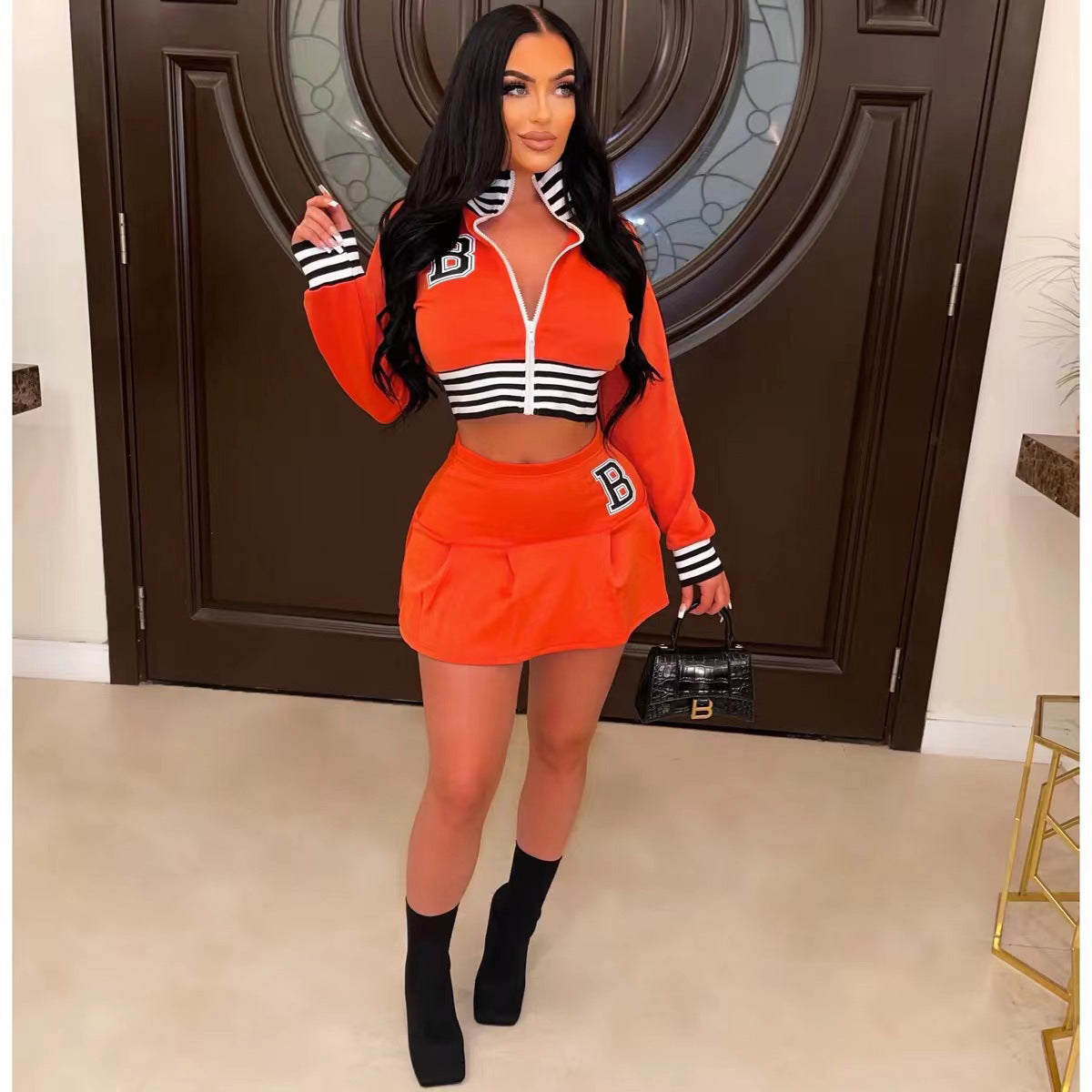 Women Casual Long Sleeve Letter Print Baseball Jacket and Mini Skirt Two-Piece 13