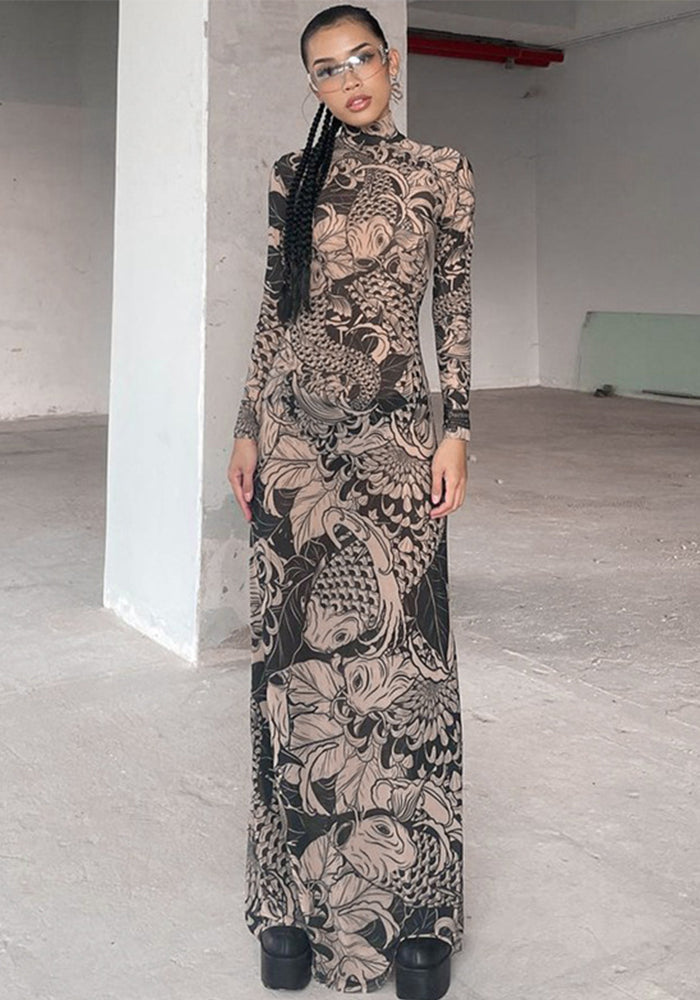 Women's Autumn Fashion Mesh Print See-Through High Neck Slim Fit Dress