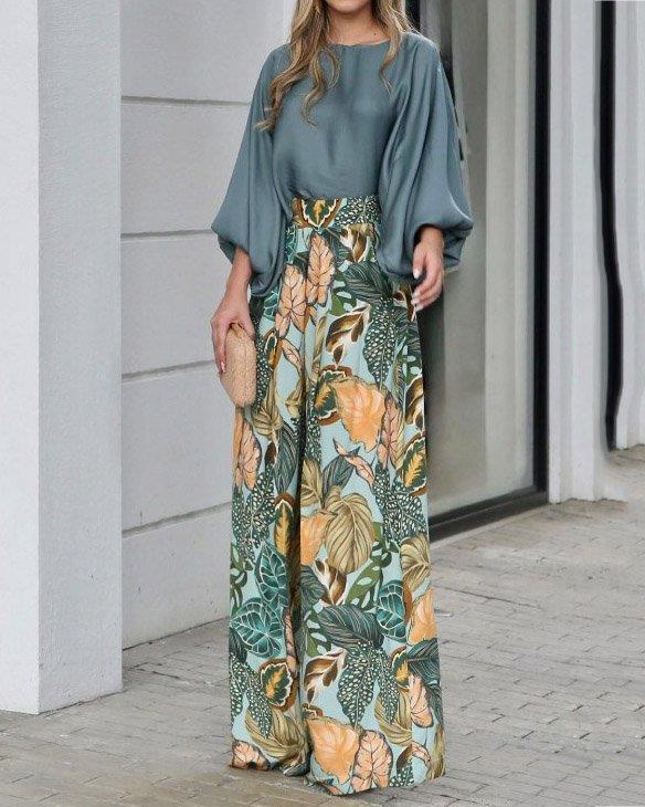 Summer women's suit lantern sleeves loose top printed wide-leg pants two-piece set 3