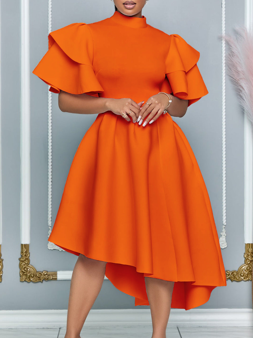 Summer Fashion Chic Bell Bottom Sleeve Solid Color Formal Party Bridesmaid African Dress 8