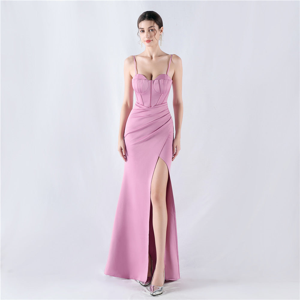 Fishbone Slim Waist Solid Color Satin Evening Dress 5