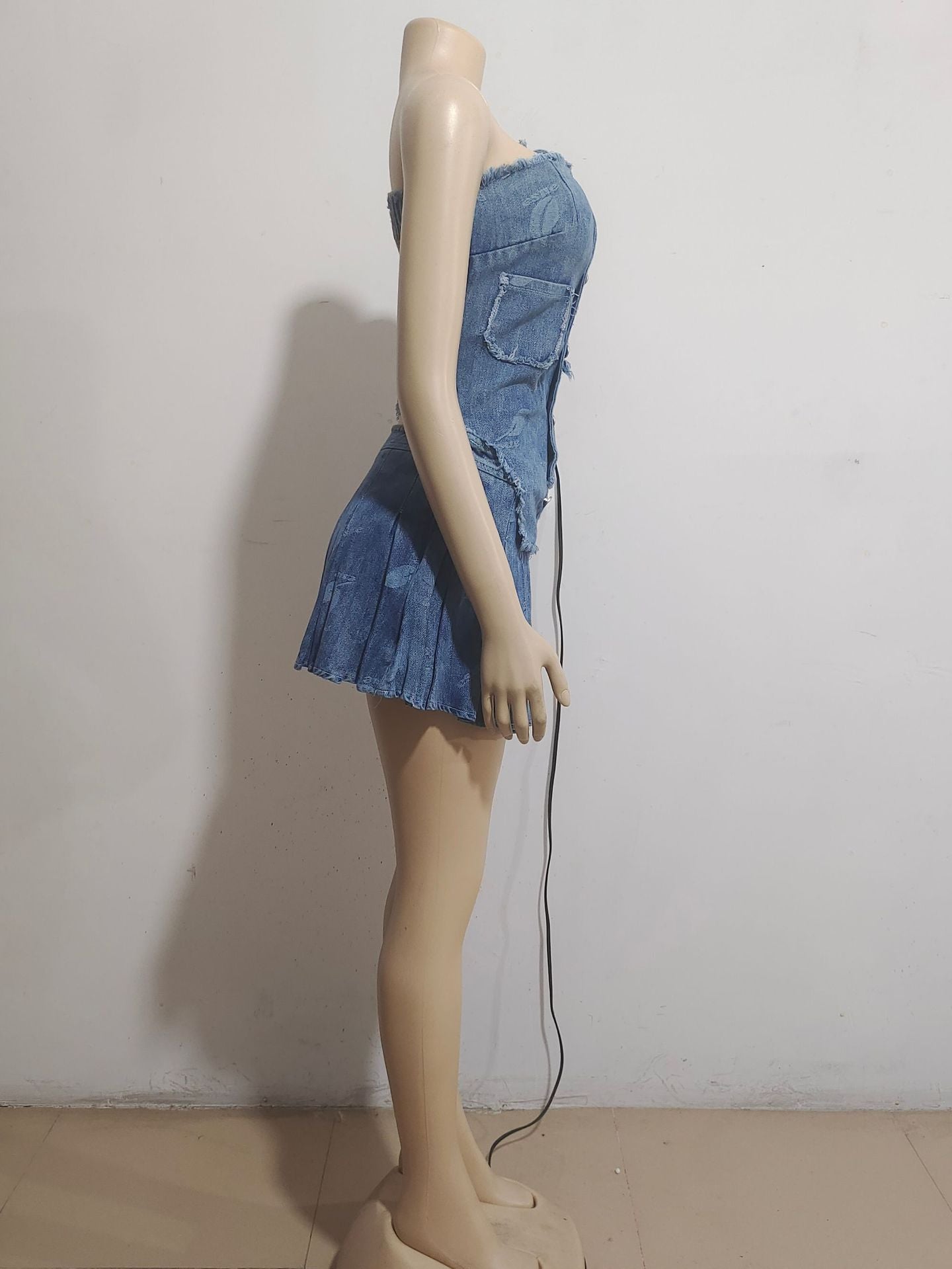 Women's Sexy Fashion Irregular Denim Strapless Top Pleated Skirt Two Piece Set 8