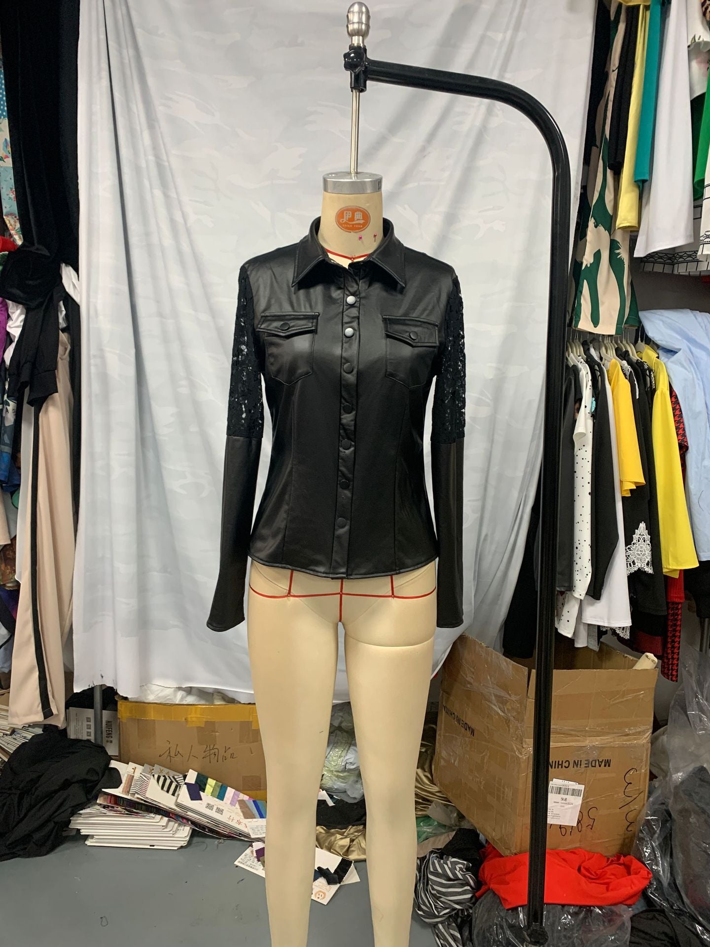 Women sexy black lace patchwork Pu-Leather Top shirt 6