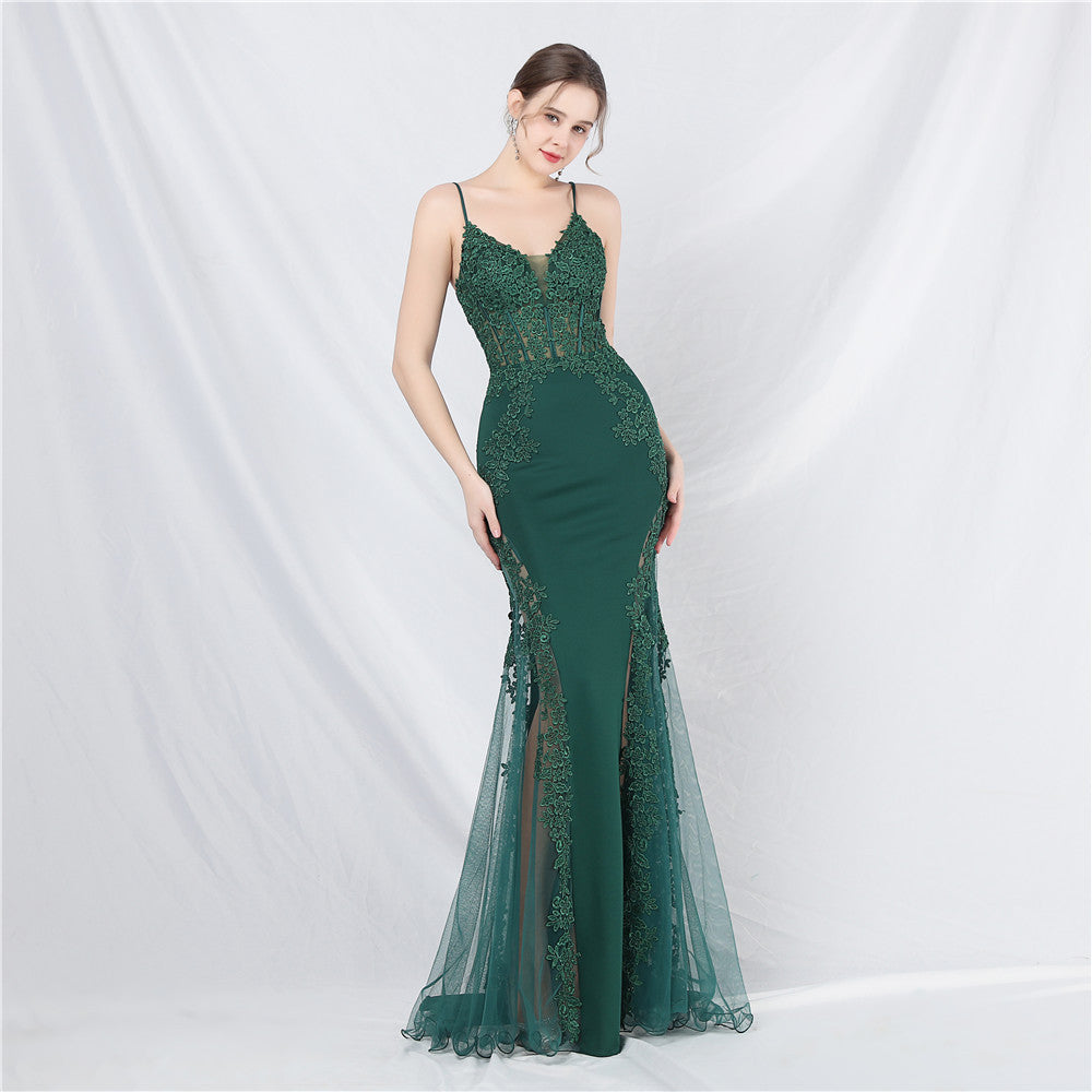 Women Lace Beaded Fishbone Vest Off-Shoulder Tail Evening Gown 7