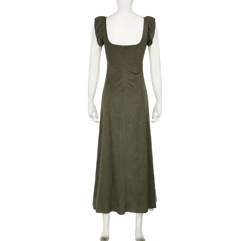 Vintage Olive Green Ruffled Patchwork Flying Sleeve Dress Chic V-Neck Slim Waist  A-Line Long Dress 9