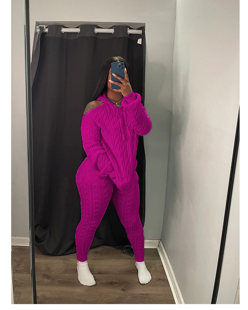 Women's Fashion Solid Color High Stretch Knitting Hooded Sweater Slim Long Pants Two Piece Set 5