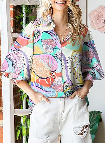 Autumn winter women's long-sleeved printed top Turndown Collar lantern sleeve shirt 17