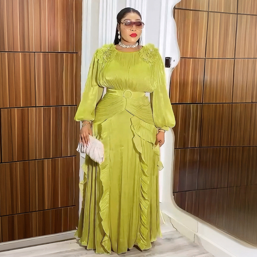 Plus Size African Women Floral Pleated Long-Sleeve Dress 3