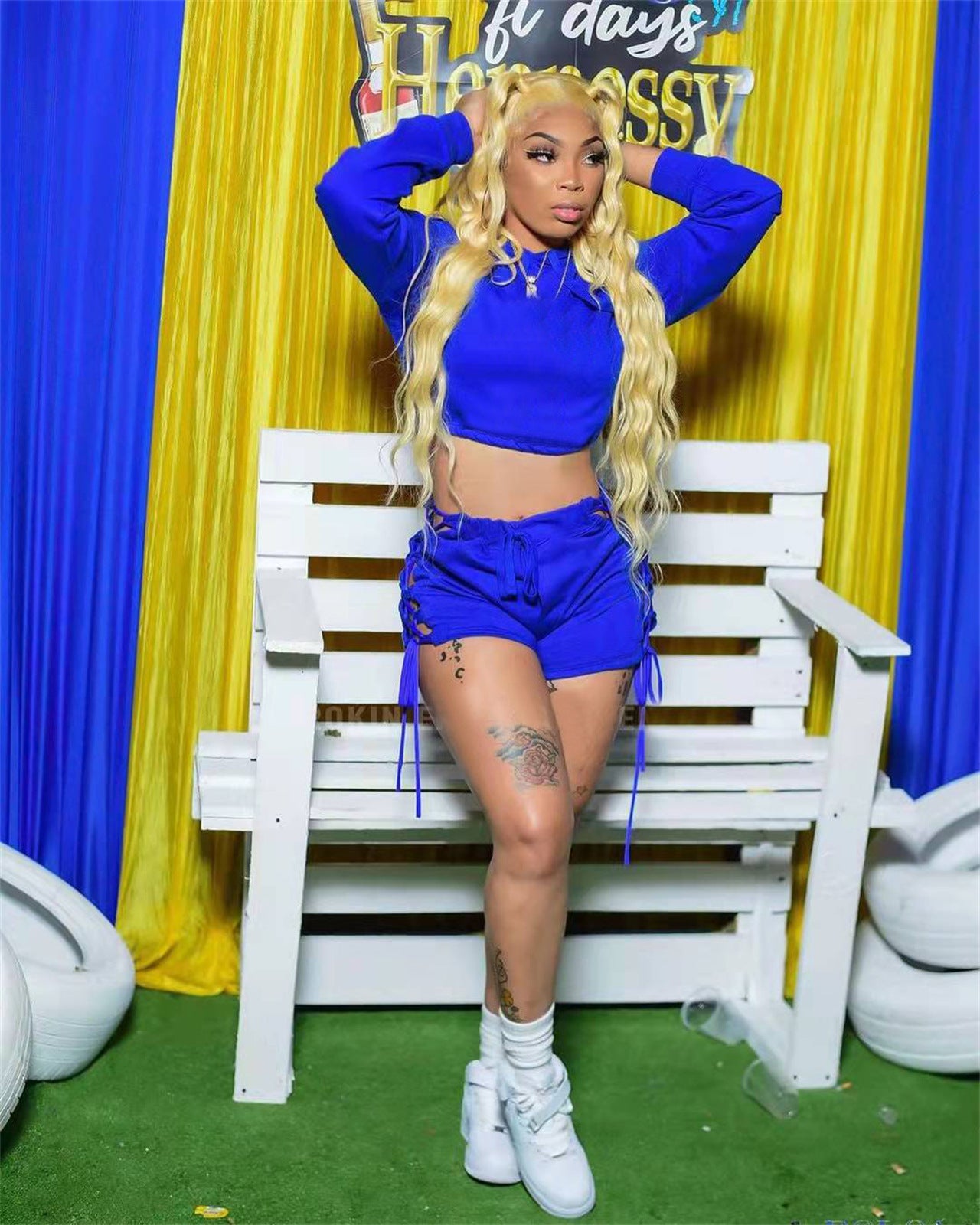 Women Casual Solid Lace-Up Drawstring Long Sleeve Top and Short Two-Piece Set 4