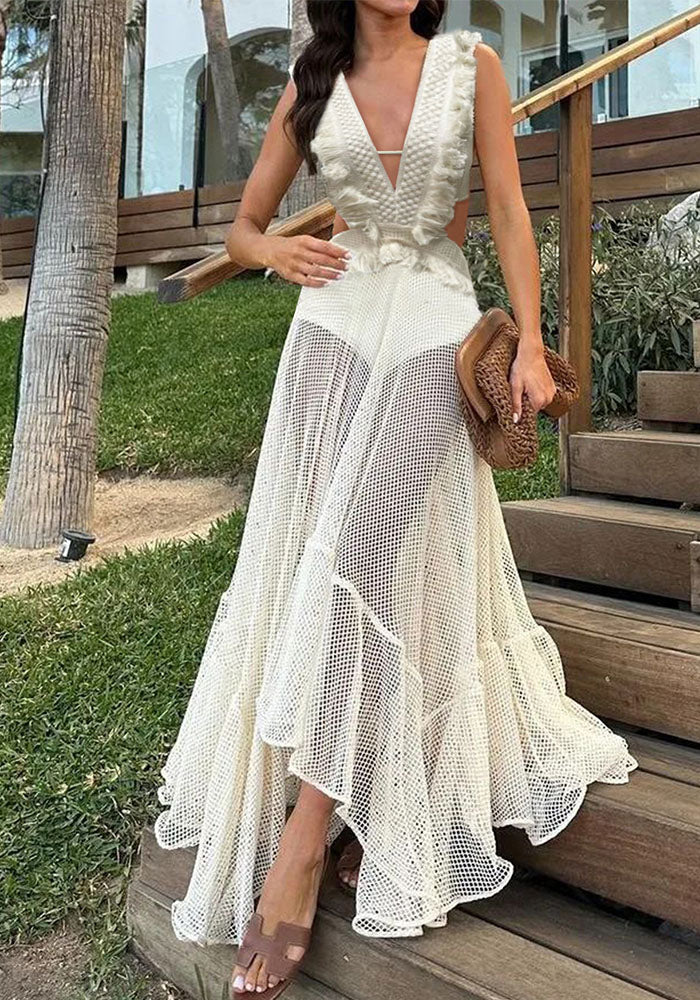 Women Summer Hollow Lace Tassel Patchwork Mesh Sleeveless Dress