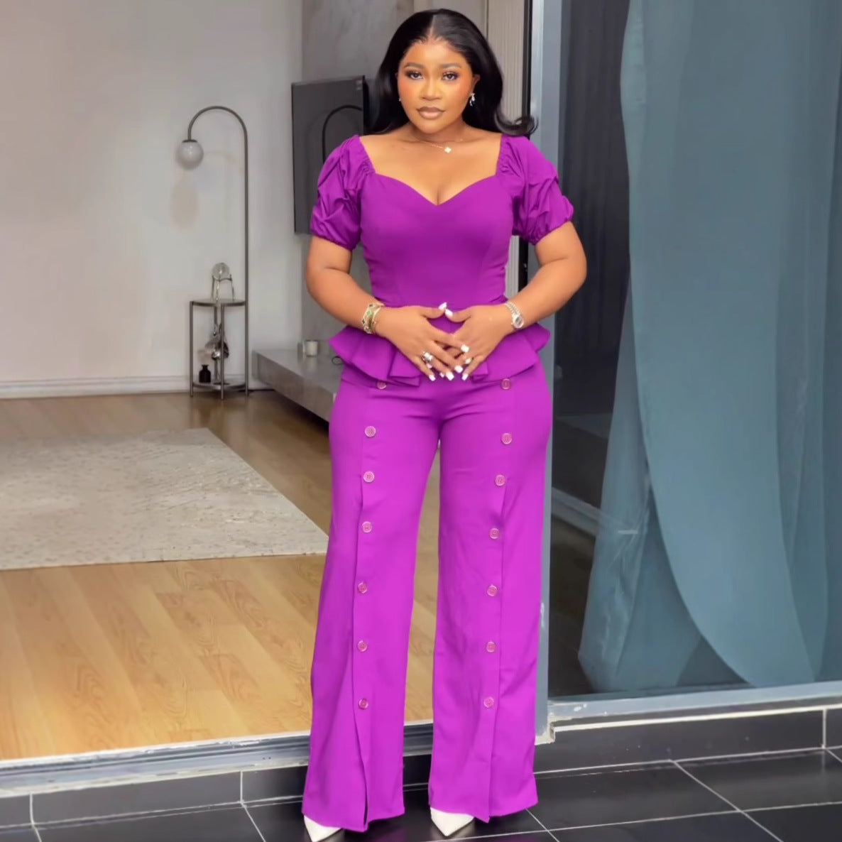 African Women Square Neck Ruffle Top And Solid Trousers Two-piece Set 4