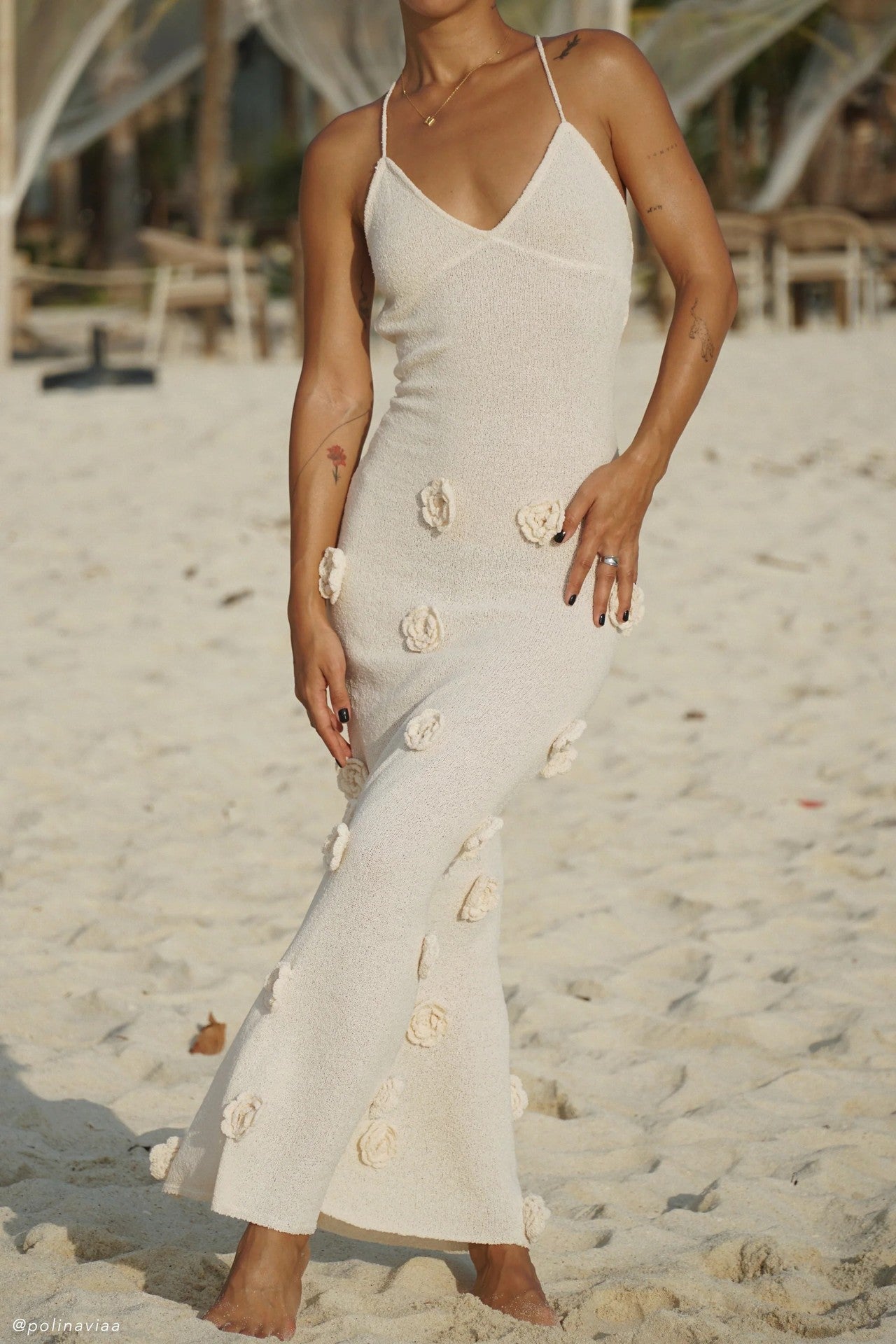 Women's Strap Low Back Flower Knitting Sexy Long Dress 10