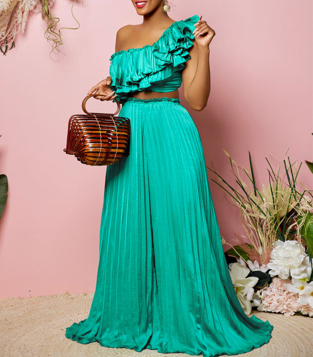 Women's Slash Shoulder Low Back Ruffled Sexy Top Pleated Wide Leg Pant Two-Piece Set