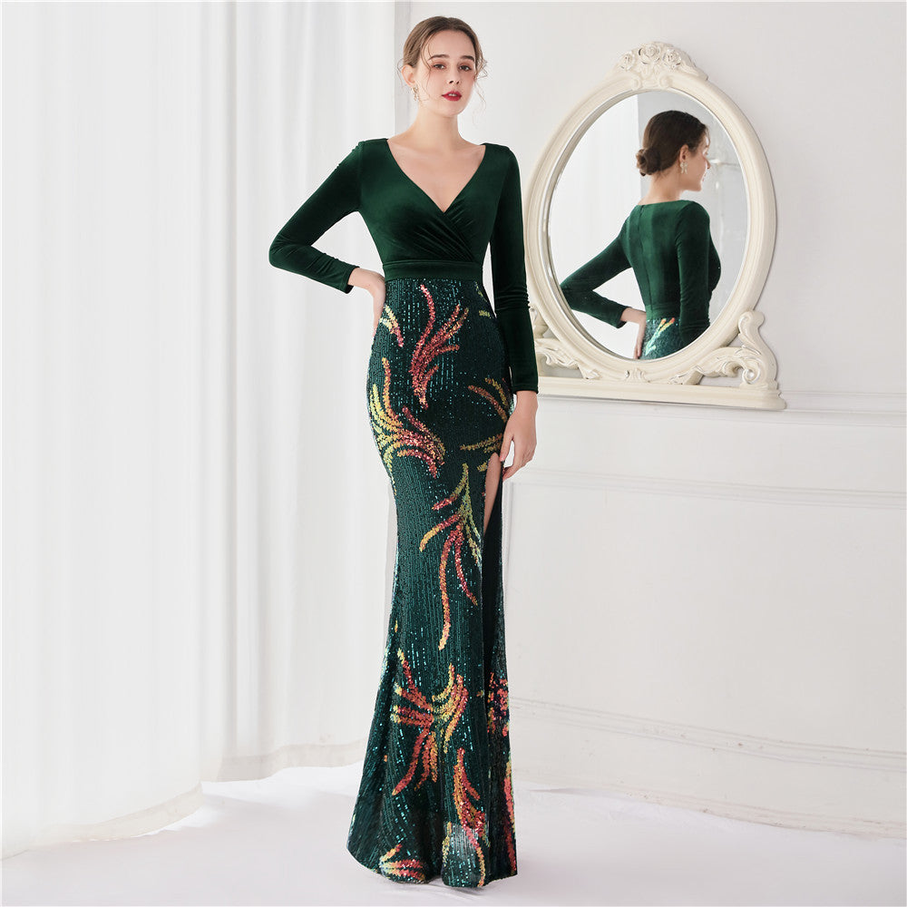 Winter Elegant Green Veet With Sequ Deep v Neck Long Sleeve Slit Cocktail Eevening Dress 12